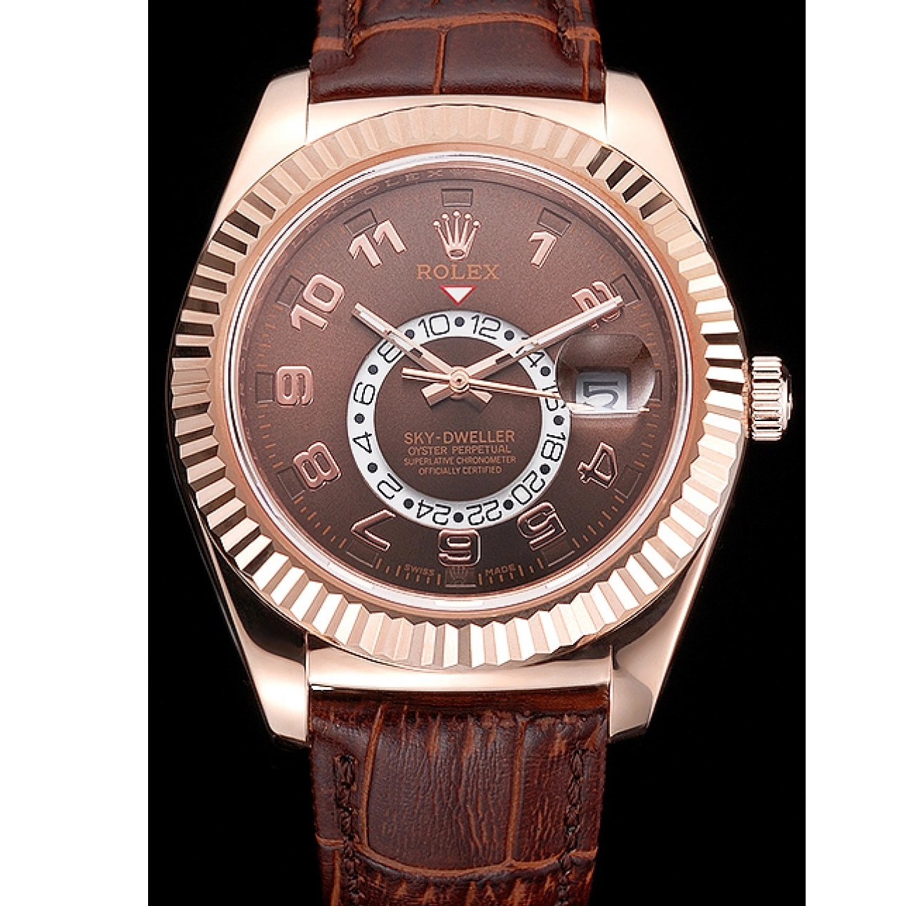 Case Dweller Rolex Sky Brown Rose Dial Leather Brown Gold Strap 0527